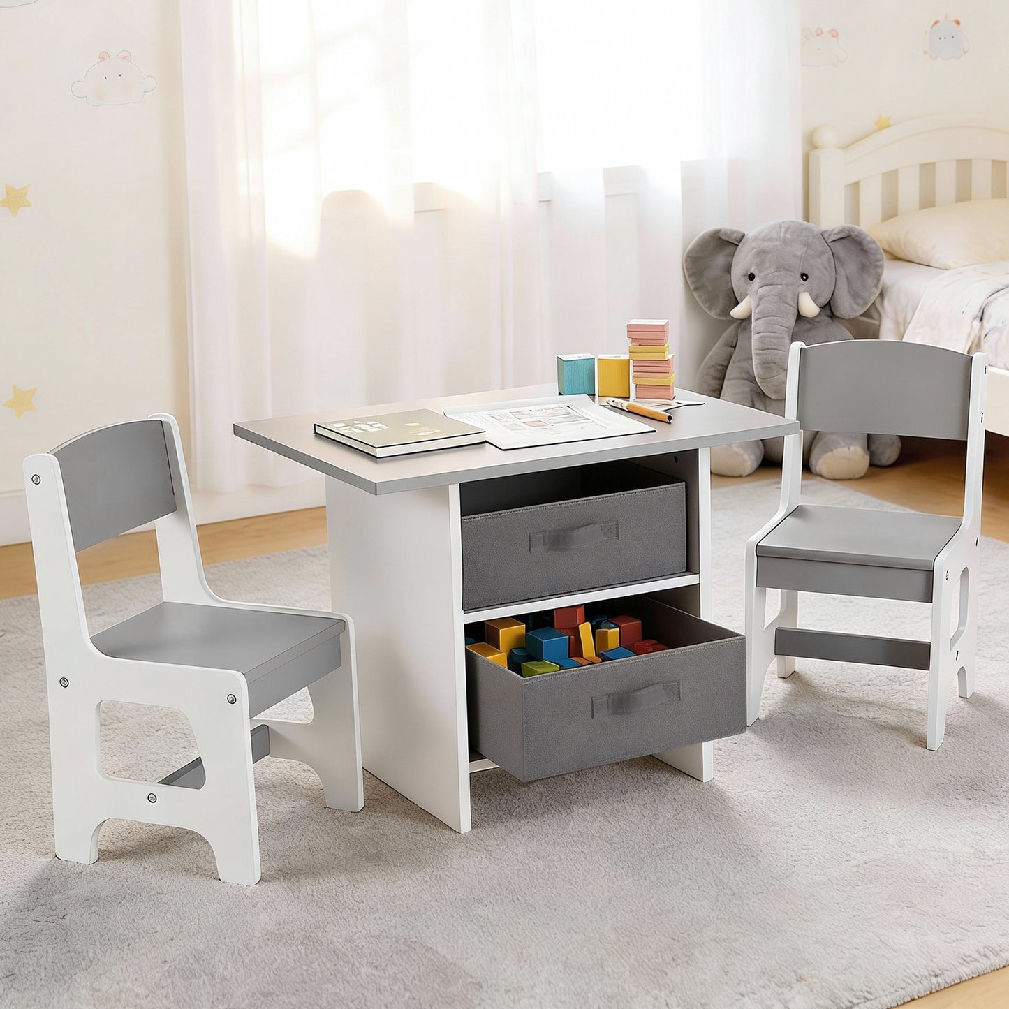 Kids Table and 2 Chairs Set with 2 Storage Drawers