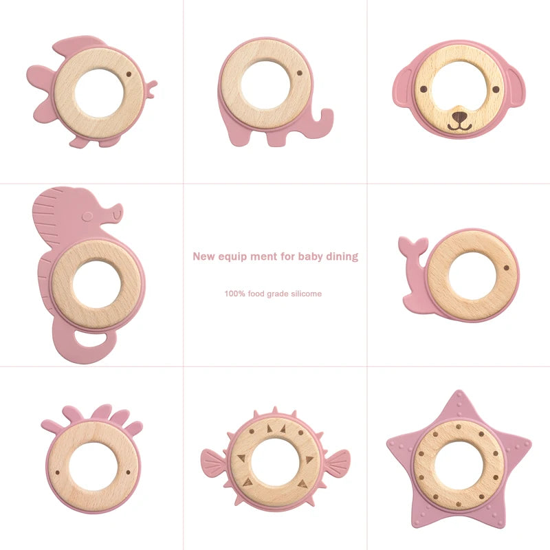 Kawaii Baby Toys Teether Sea Horse Animal Wood Rings Food Grade Wooden Teether Nursing Pendant Teething Toys Baby Accessories