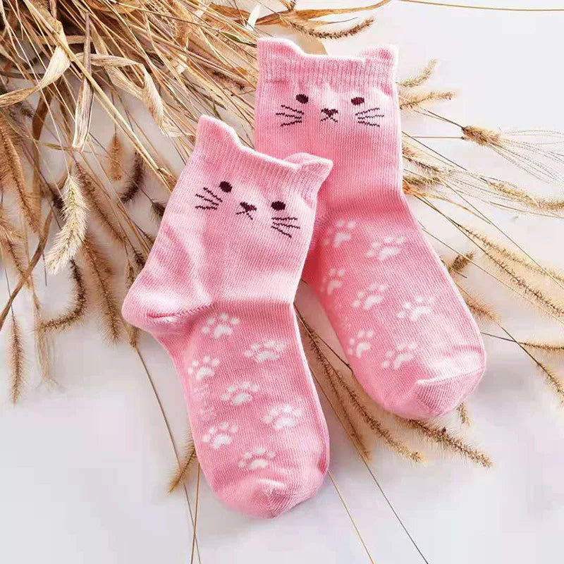 Children's Cotton Cat Ear Footprint Tube Socks - Cartoon Animal Print Design