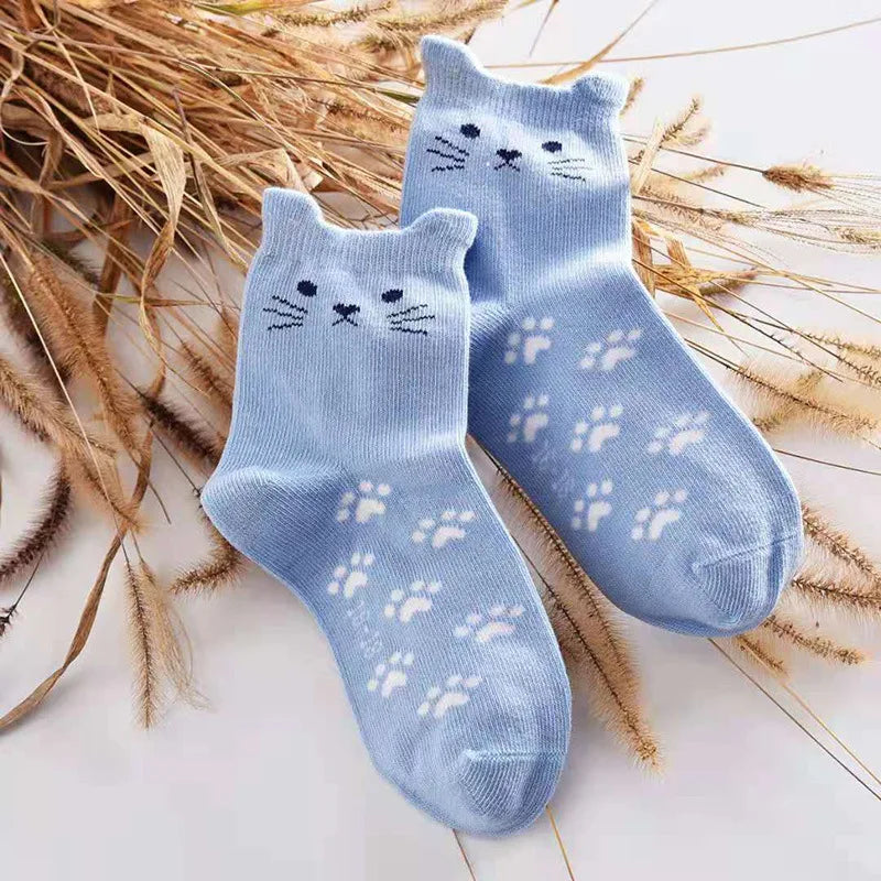 Children's Cotton Cat Ear Footprint Tube Socks - Cartoon Animal Print Design