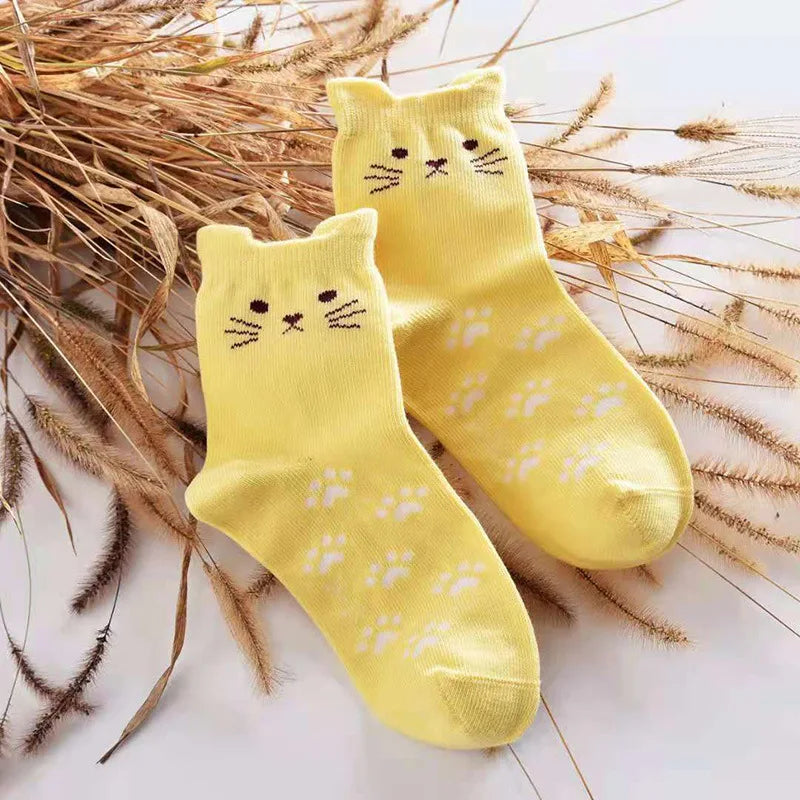 Children's Cotton Cat Ear Footprint Tube Socks - Cartoon Animal Print Design