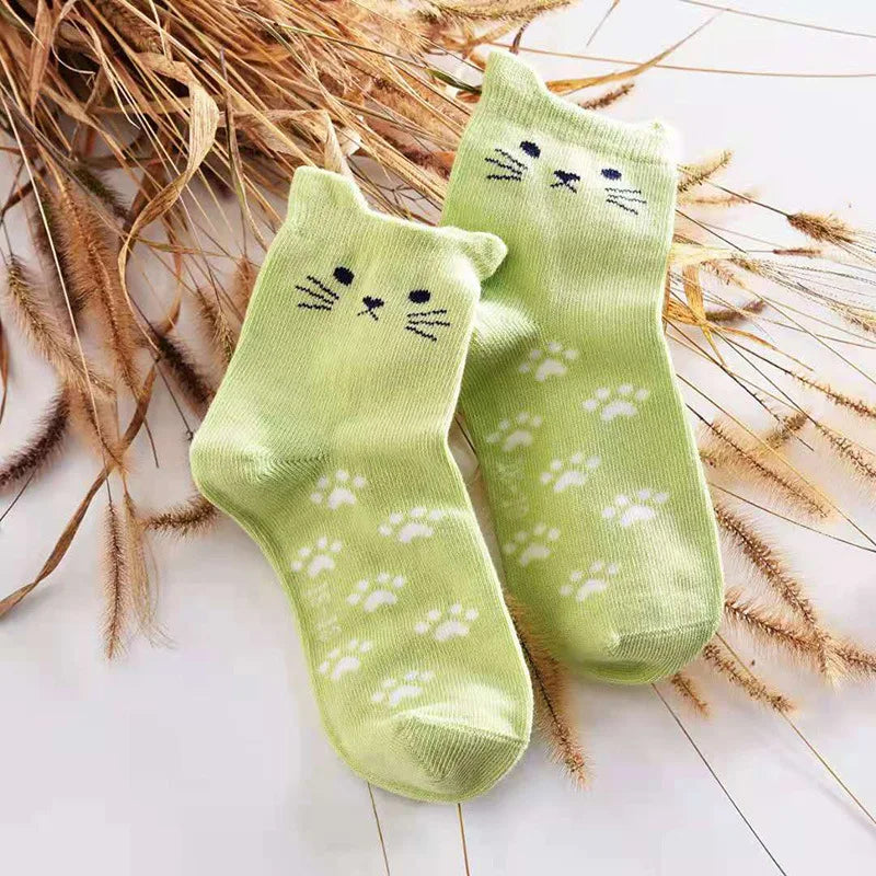 Children's Cotton Cat Ear Footprint Tube Socks - Cartoon Animal Print Design