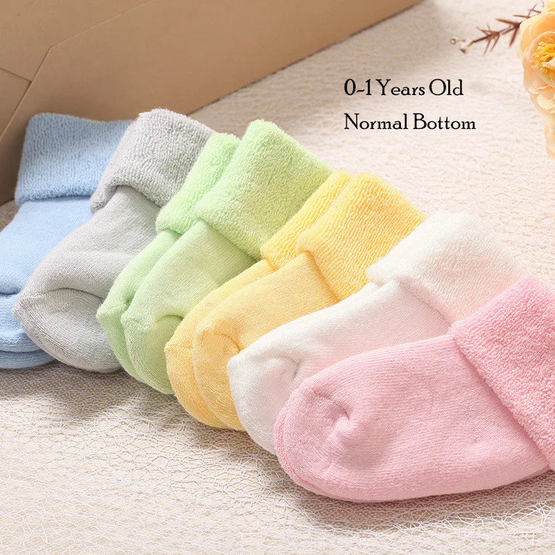 Winter Socks Baby Towel Terry Socks Pure Color Cotton Child Kids Newborn Meias Warm Non Slip Baby Thicken Socks Boys Girls 0-3 Y