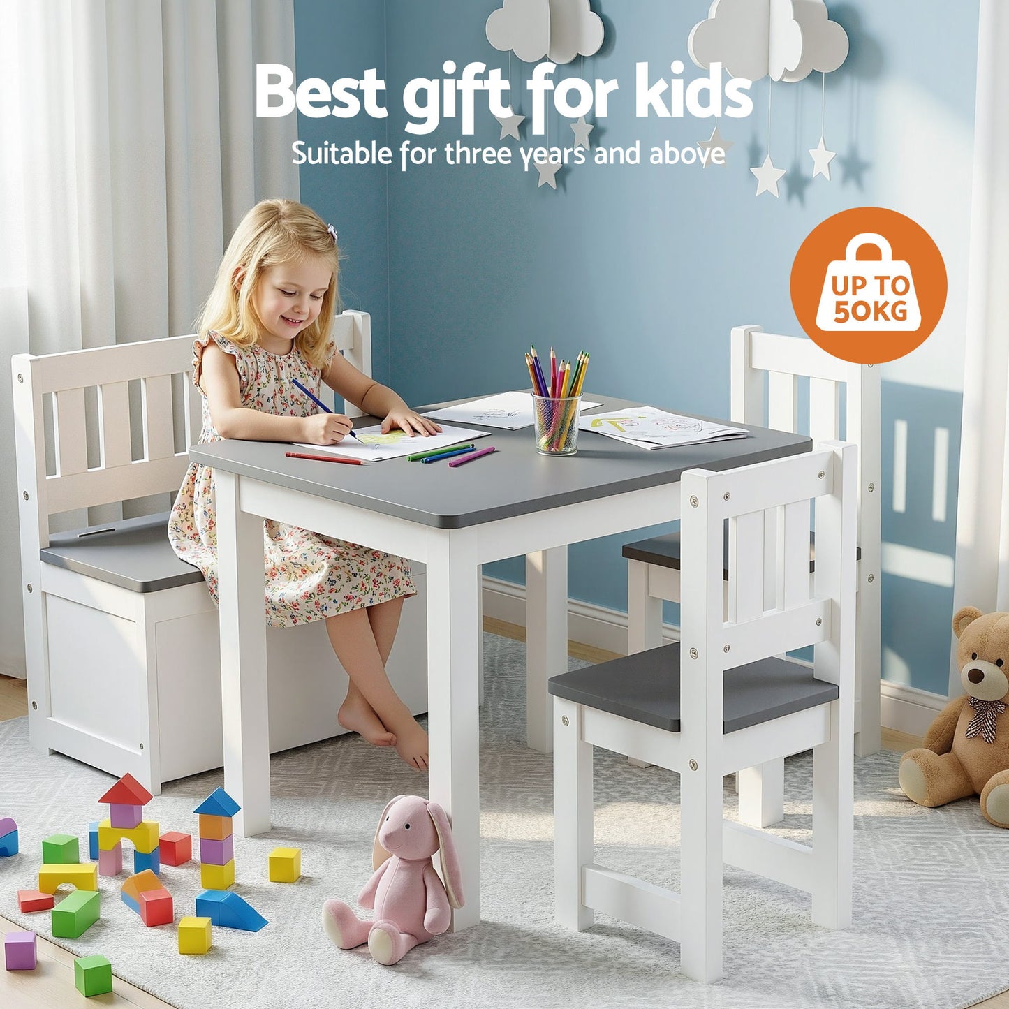 2 in 1 Kids Table and Chair Set - Grey