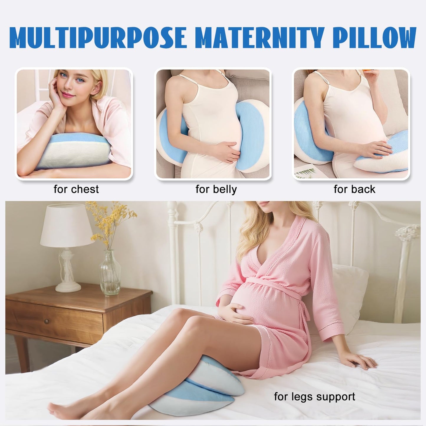 Adjustable Pregnancy Pillow with Velcro Design – Side Sleeping Support for Back, Belly, Hips & Legs, Travel-Friendly Maternity Pillow with Bonus Auxiliary Pillow(Blue)
