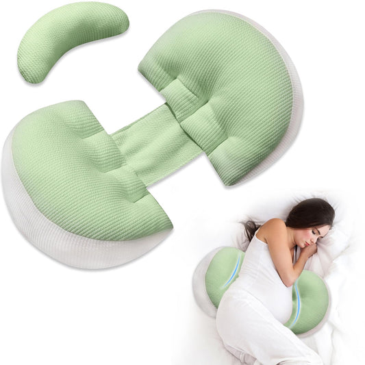 Adjustable Pregnancy Pillow with Velcro Design – Side Sleeping Support for Back, Belly, Hips & Legs, Travel-Friendly Maternity Pillow with Bonus Auxiliary Pillow(Green)