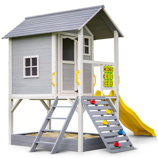 Wooden Tower Cubby House with Slide, Sandpit and Climbing Wall