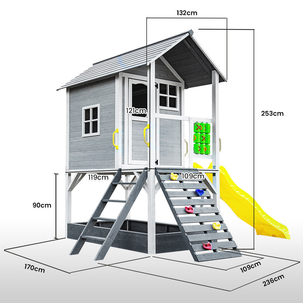 Wooden Tower Cubby House with Slide, Sandpit and Climbing Wall