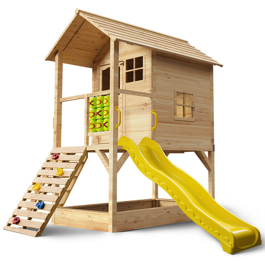 Wooden Tower Cubby House with Slide, Sandpit and Climbing Wall