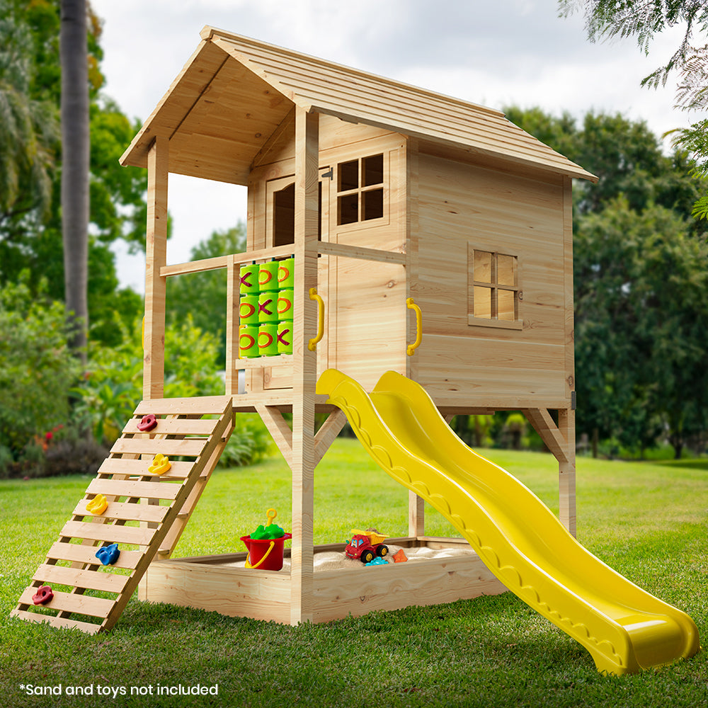 Wooden Tower Cubby House with Slide, Sandpit and Climbing Wall