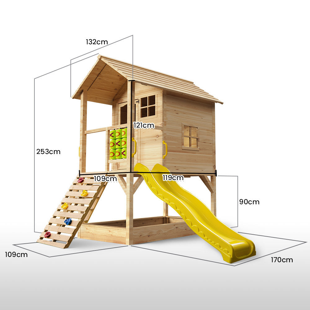 Wooden Tower Cubby House with Slide, Sandpit and Climbing Wall