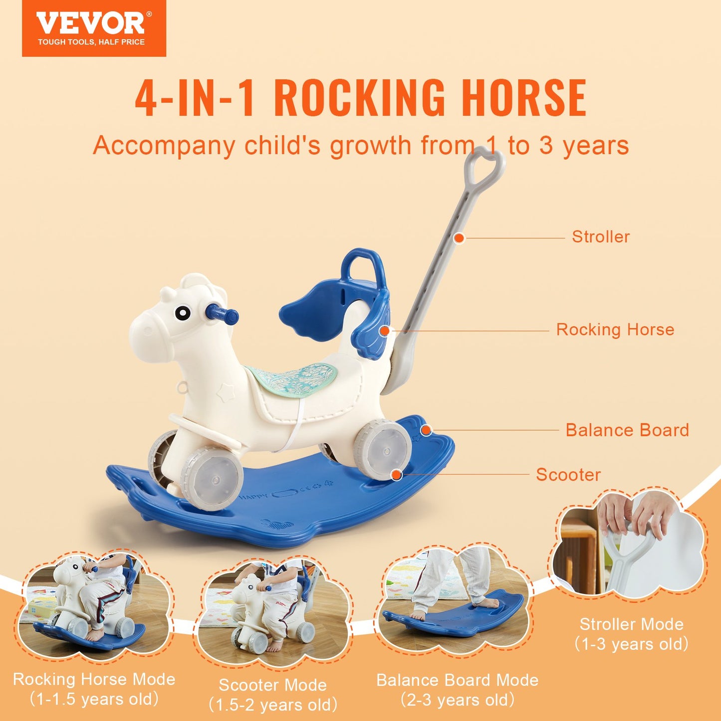 4 in 1 Rocking Horse for Toddlers 1 to 3 Years - Blue