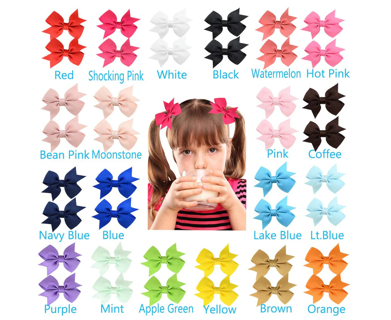 40Pcs Baby Girls Clips 2" Grosgrain Boutique Solid Color Ribbon Mini Hair Bows Clips for Baby Girls Teens Infants Kids Toddlers Children Set of 20 Pairs