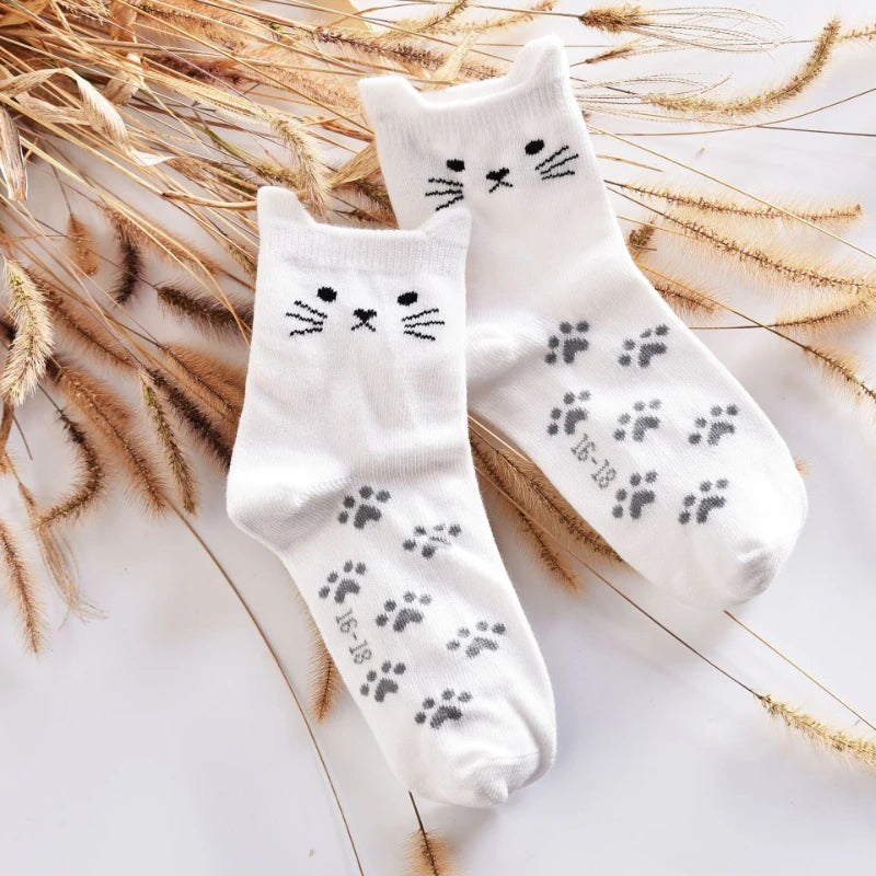 Children's Cotton Cat Ear Footprint Tube Socks - Cartoon Animal Print Design