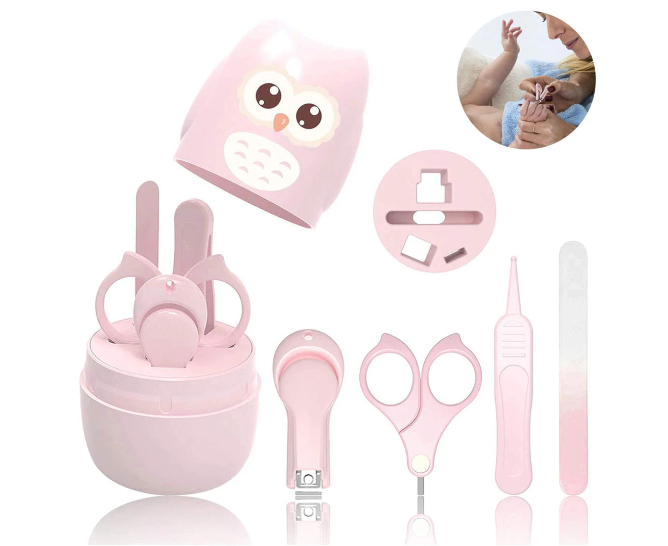 Baby Nail Kit, Baby Manicure Kit and Pedicure Kit with Cute Owl Shape Case. Baby Nail Clipper, Scissor-Light Pink