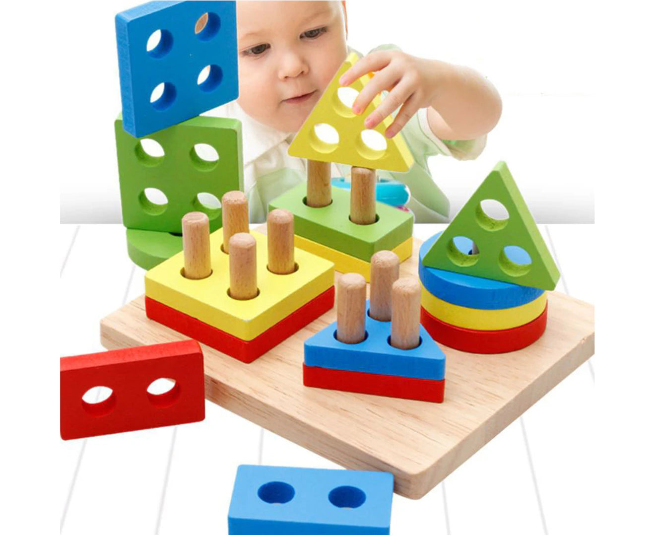 Wooden Geometry Stacking Blocks - 4-Column Educational Intelligence Board Toy